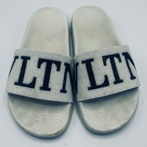 Valentino Garavani Women's Crystal Logo Slides Flat Sandals White Size 37
